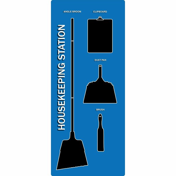 5S Supplies 5S Housekeeping Shadow Board Broom Station Version 13  - Blue Board / Black Shadows  With Broom HSB-V13-BLUE-KIT